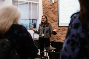 Holly Perrett, Partnership Engagement Manager at Activate Learning, gives an introductory talk at the Reading hub of the South Central Institute of Technology