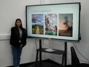 Shantana Biswas presents her group’s Instagram posts to Compass Recovery College and the rest of her Business Level 3 class