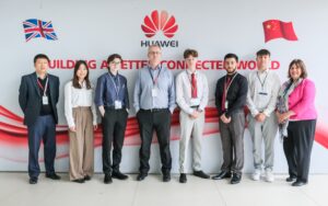 Group photo of representatives from Huawei, four of the five students from Reading College who are doing their T Level placement at Huawei and Amanda Watterson, Business Engagement Specialist, Activate Learning.