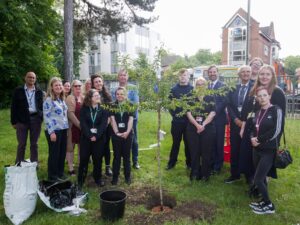 Group photo for the tree planting ceremony at Reading College