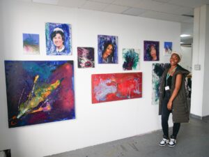 a collection of paintings inspired by motherhood by Dominque Bailey-Boahene who is studying a Foundation Diploma in Art and Design at the college on King’s Road. 