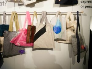 Close-up photos of the bags at the exhibition.