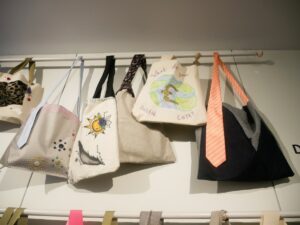 Close-up photos of the bags at the exhibition.