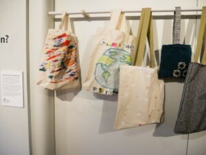 Close-up photos of the bags at the exhibition.