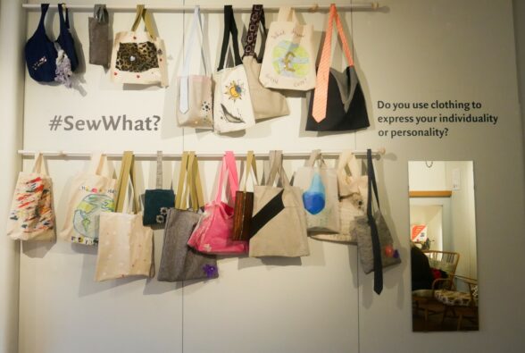 Photo of all the bags by the students at the exhibition. 