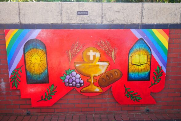 Holy Communion mural painted by Art and Design Level 3 students at Reading College