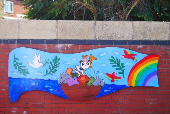 Noah's Ark mural painted by Art and Design Level 3 students at Reading College