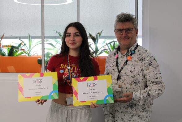 Laila Mejri, an A Level student from Reading College holding her certificates with Phillip Trivett, GCSE English Teacher, Activate Learning