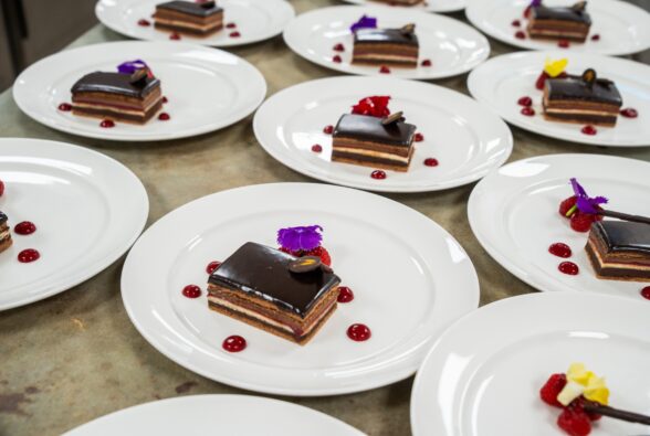 Chocolate layered raspberry sponge cake desserts prepared by the Professional Culinary Arts students at the Hilton Reading for the Pride of Reading Awards.