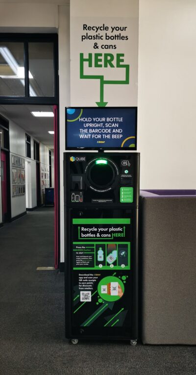 Photographs of the TrovrQUBE Reverse Vending Machine at Reading College and University Centre.